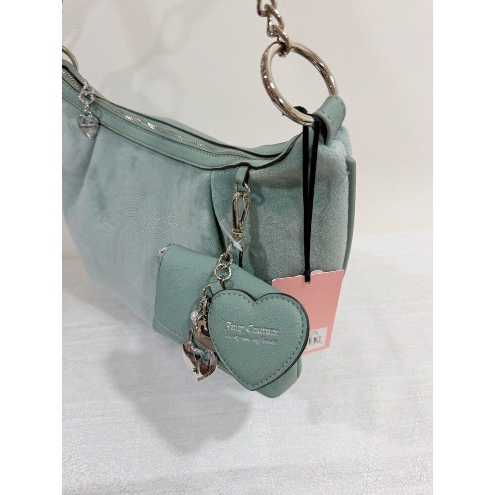 NWT Juicy Couture Queen Couture Hobo Bag Sage Mint Green Velour Rhinestone Heart - Picture 5 of 10